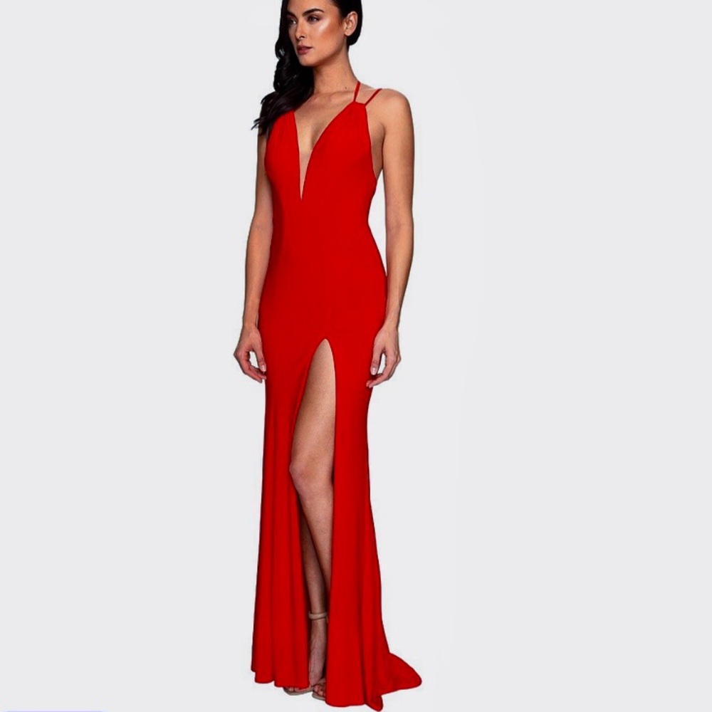 Faviana style 7920 formal prom dress gown RED high slit deep V-neck plunge NWT